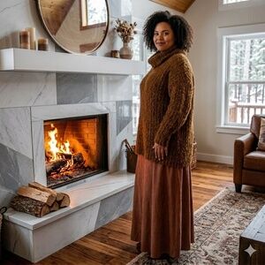 Olsen Caramel Brown Two-Piece Sweater and Skirt Set